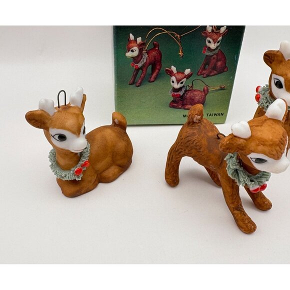 Vintage Mini Reindeer Christmas Tree Ornaments Set Of 3 Ceramic Original Box - Picture 9 of 10
